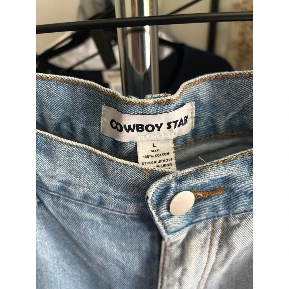 Cowboy Star Womens Patchwork Denim Jeans Light Wash Relaxed Straight Leg L